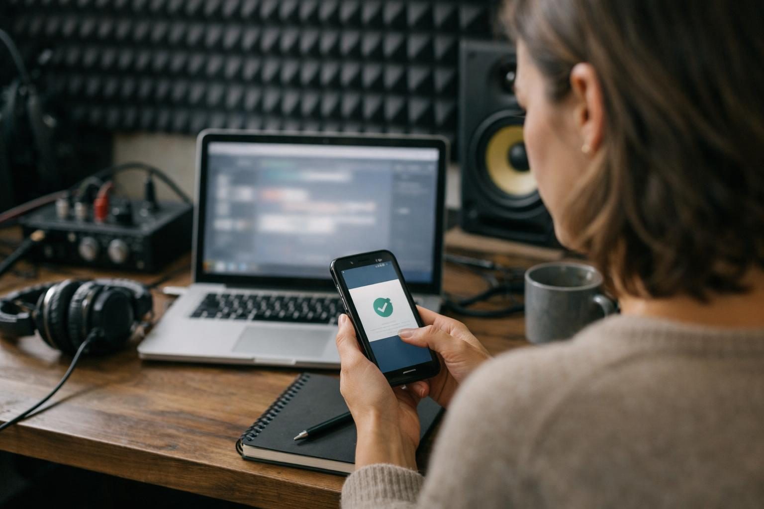 Over-the-shoulder view of a freelance designer in a foam-panelled home studio checking a phone download confirmation beside a laptop in soft post-rain light.