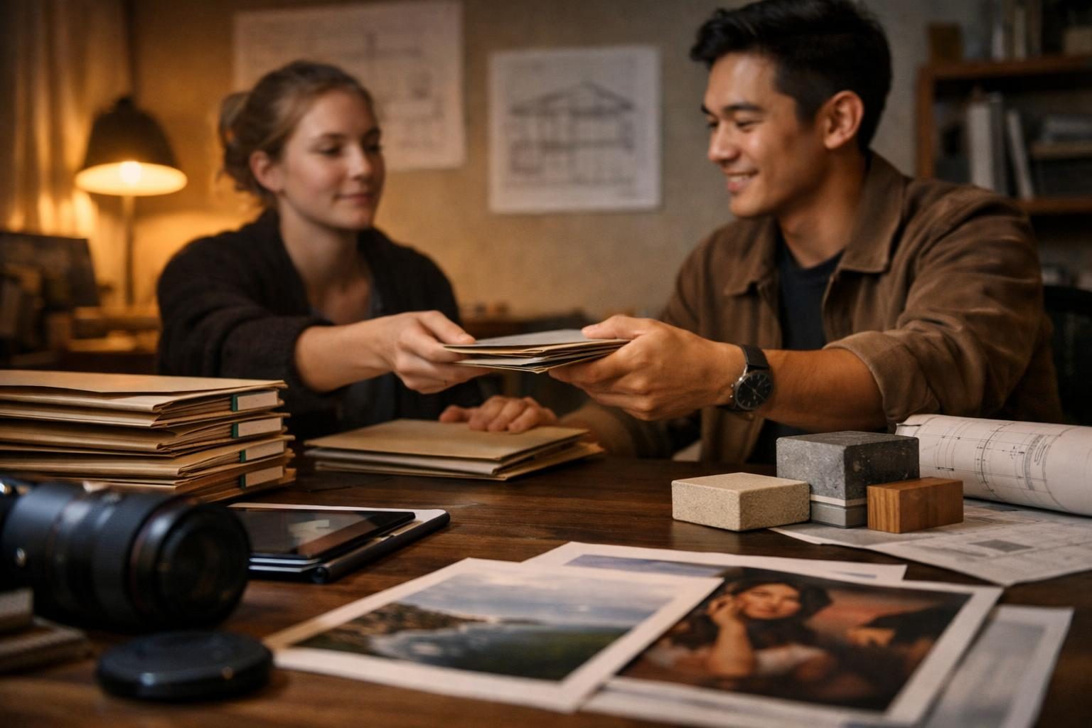Low desk-level photo of a designer’s desk with a tablet and printed proofs in warm evening lamp light, a young photographer and an assistant quietly organising project folders for a handoff, with technical drawing printouts and sample cards nearby.